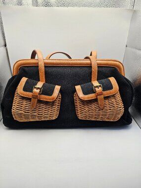 Savoy New York Tokyo Paris Wicker Pocket Satchel – Black Fabric & Tan Leather